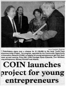 News clipping "COIN launches project for young entrepreneurs" showing cheque presentation at COIN's youth entrepreneurs program launch.