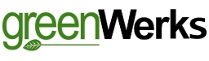 Le logo de GreenWerks, « green » est imprimé en vert et souligné par une feuille à longue tige.