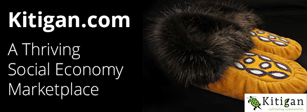 Kitigan.com A thriving Socail Economy marketplace, pictured beside a pair of traditional moccasins on a black background.