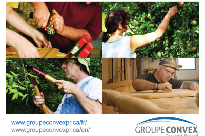Four images in a grid. Two people working on a carpentry project. One person picking fruit. Another individual working on wood projects. Final image of person trimming trees.